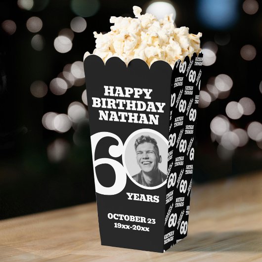 60th birthday photo black and white custom popcorn bedankdoosjes