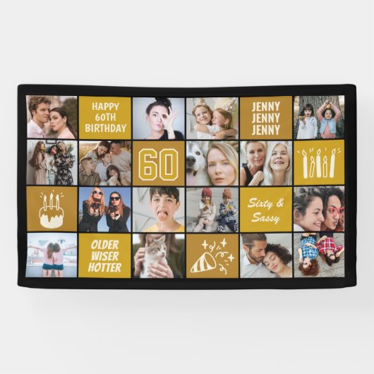 60th Birthday Photo Collage Custom Black Gold Spandoek (Horizontaal)