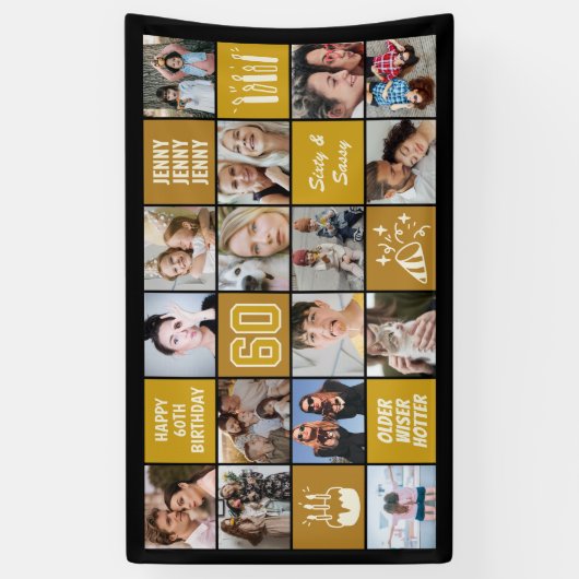 60th Birthday Photo Collage Custom Black Gold Spandoek (Verticaal)