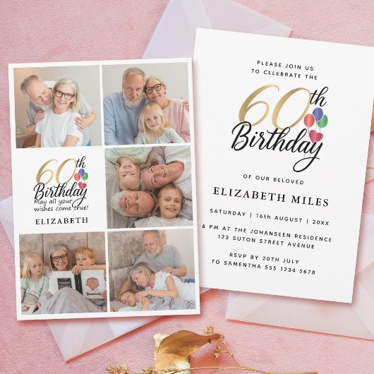60th Birthday Photo Collage Gold Script Typography Kaart