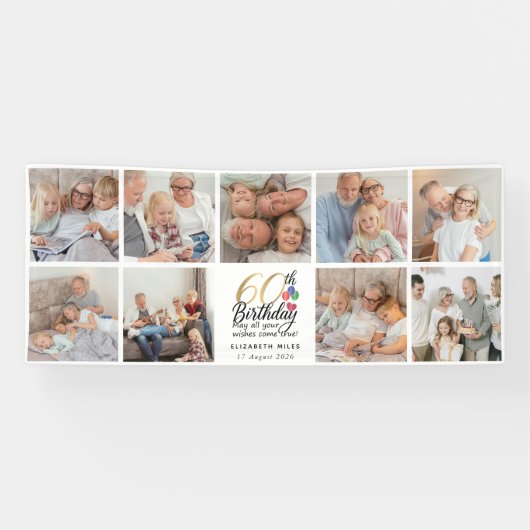 60th Birthday Photo Collage Gold Script Typography Spandoek (Horizontaal)