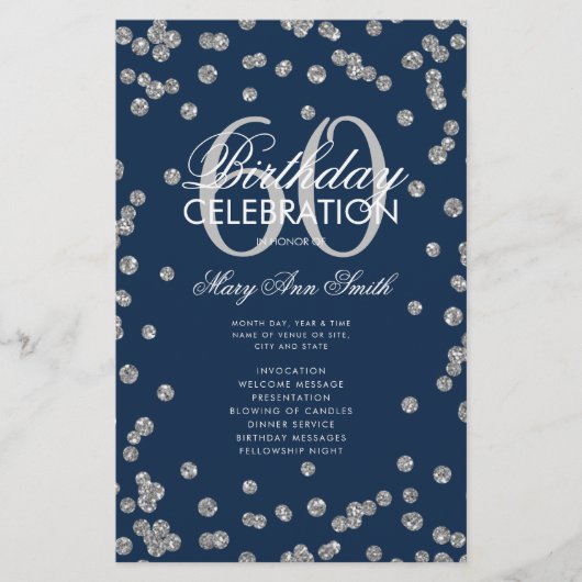 60th Birthday Program Silver Glitter w/ Menu Navy (Voorkant)