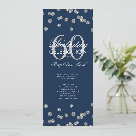 60th Birthday Program Silver Glitter w/ Menu Navy Kaart (Staand voorkant)
