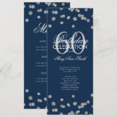 60th Birthday Program Silver Glitter w/ Menu Navy Kaart (Voorkant / Achterkant)