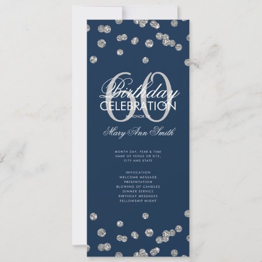 60th Birthday Program Silver Glitter w/ Menu Navy Kaart (Voorkant)