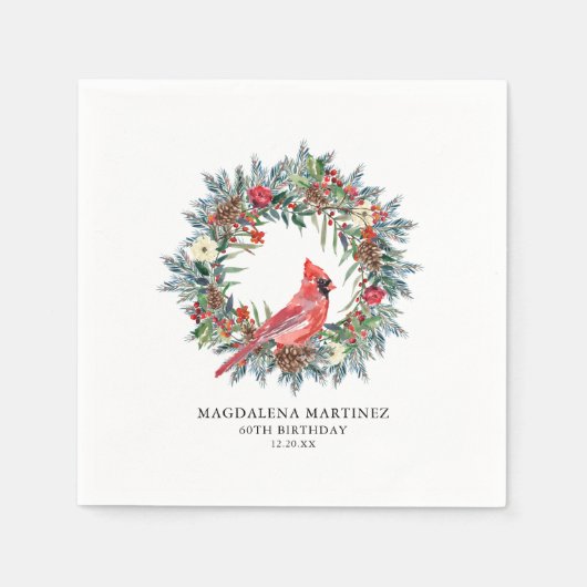 60th Birthday Red Cardinal Wreath Custom Cocktail Servet (Voorkant)
