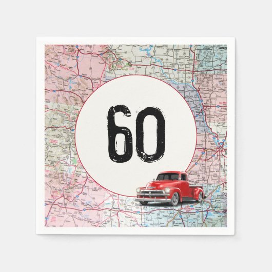 60th Birthday Red Retro Truck op Road Map Servet (Voorkant)