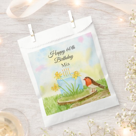60th Birthday Robin with Daffodil Cake Bedankzakje (Geknipt)