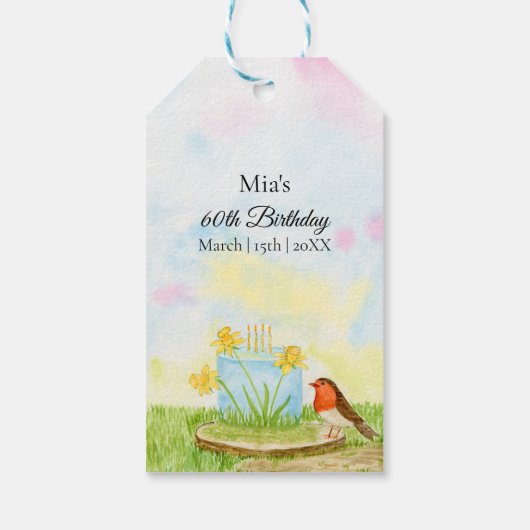 60th Birthday Robin with Daffodil Cake Cadeaulabel (Achterkant)