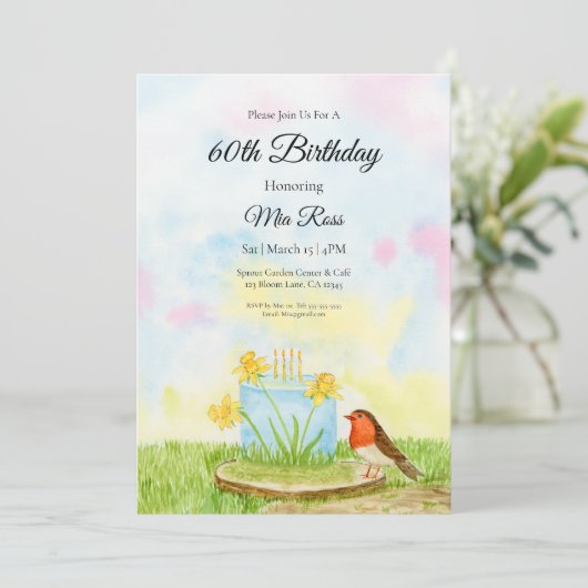 60th Birthday Robin with Daffodil Cake Kaart (Staand voorkant)