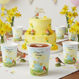 60th Birthday Robin with Daffodil Cake Papieren Bekers