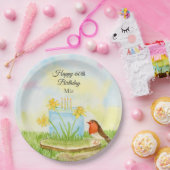 60th Birthday Robin with Daffodil Cake Papieren Bordje (Feest)