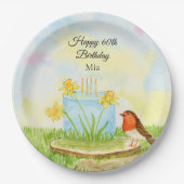 60th Birthday Robin with Daffodil Cake Papieren Bordje (Voorkant)