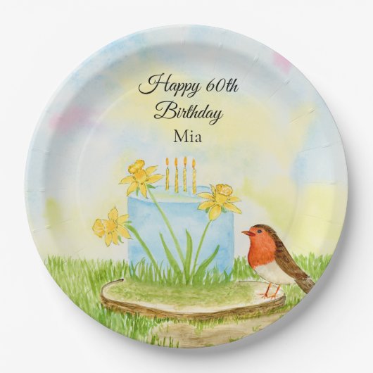 60th Birthday Robin with Daffodil Cake Papieren Bordje (Voorkant)