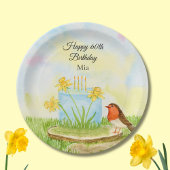 60th Birthday Robin with Daffodil Cake Papieren Bordje