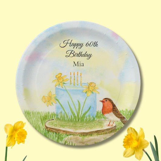 60th Birthday Robin with Daffodil Cake Papieren Bordje