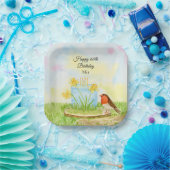 60th Birthday Robin with Daffodil Cake Papieren Bordje (Feest)