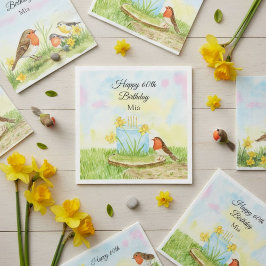 60th Birthday Robin with Daffodil Cake Servet