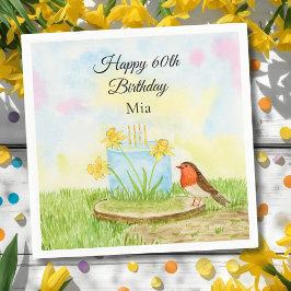 60th Birthday Robin with Daffodil Cake Servet