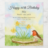 60th Birthday Robin with Daffodil Cake Wijn Etiket (Enkel label)