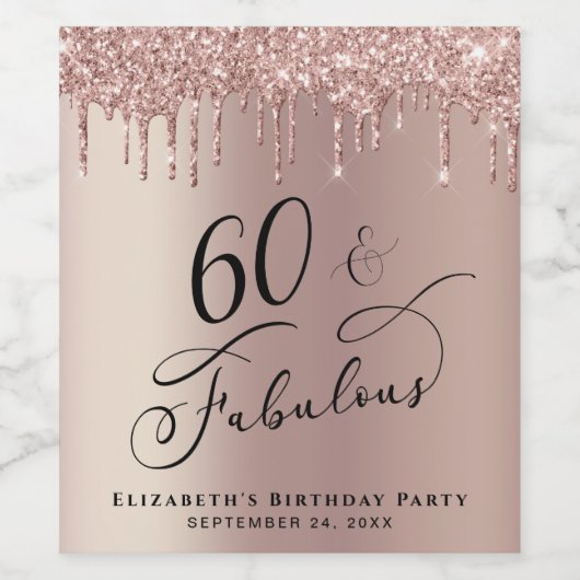 60th Birthday Roos Gold Glitter - persoonlijk Wijn Etiket (Enkel label)