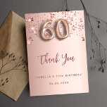 60th Birthday roos Gold Stars Dank u kaart<br><div class="desc">Een bedankje voor een 60ste verjaardag. Een roos gouden gradiënt achtergrondkleur. Met roos gouden druppelende stralende sterren. Aan de voorzijde: nummer 60 geschreven met een ballonstijl lettertype, groot donker roos goudkleurig handschrift en de tekst: Thank You, jouw tekst, titel en een datum. Terug: Personaliseer en voeg uw bedankbriefje en naam...</div>