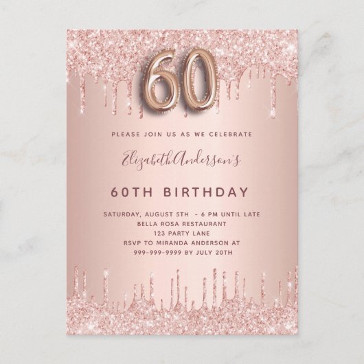 60th Birthday roos gouden zwarte glitterdruppels Uitnodiging Briefkaart (Voorkant)