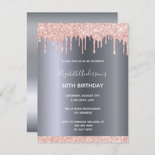 60th birthday rose gold glitter drips uitnodiging (Voorkant / Achterkant)
