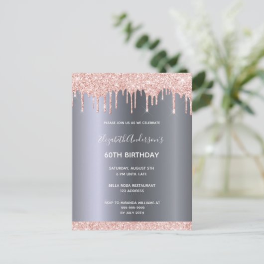 60th birthday rose gold glitter drips uitnodiging (Staand voorkant)