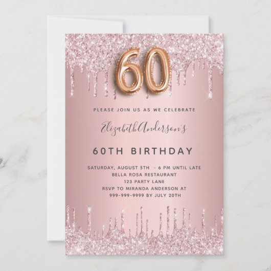 60th Birthday roze stoffige roos glitter luxe Kaart (Voorkant)