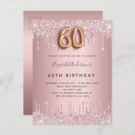 60th Birthday roze stoffige roos glitter luxe Uitnodiging Briefkaart (Voorkant / Achterkant)