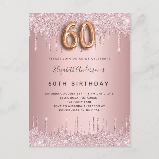 60th Birthday roze stoffige roos glitter luxe Uitnodiging Briefkaart (Voorkant)