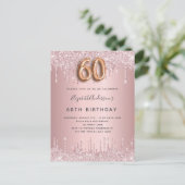 60th Birthday roze stoffige roos glitter luxe Uitnodiging Briefkaart (Staand voorkant)