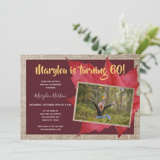 60th Birthday Rustic Autumn Foto Party Kaart (Staand voorkant)