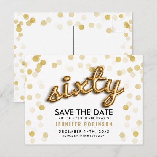 60th Birthday Save the Date Gold Balloons Glitter Aankondigingskaart (Voorkant / Achterkant)