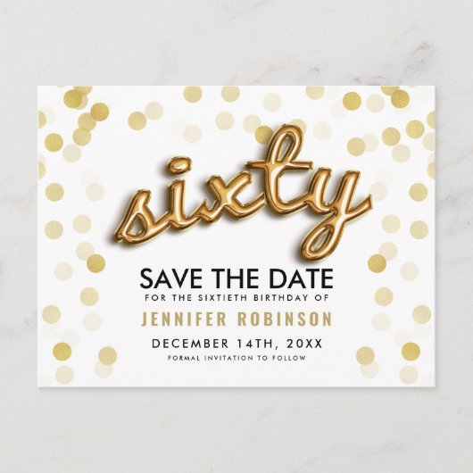 60th Birthday Save the Date Gold Balloons Glitter Aankondigingskaart (Voorkant)
