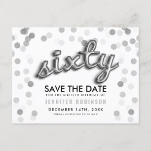 60th Birthday Save the Date Silver Balloon Glitter Aankondigingskaart