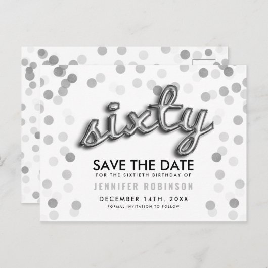 60th Birthday Save the Date Silver Balloon Glitter Aankondigingskaart (Voorkant / Achterkant)