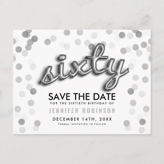 60th Birthday Save the Date Silver Balloon Glitter Aankondigingskaart (Voorkant)