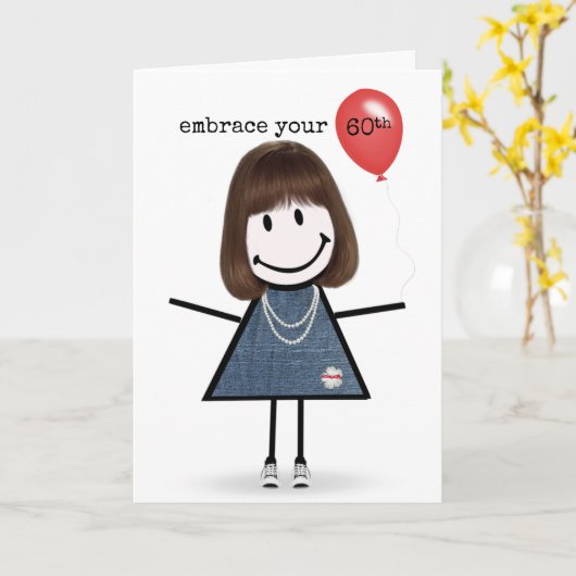 60th Birthday Stick Figuur Girl met rode ballon Kaart (Gele Bloem)