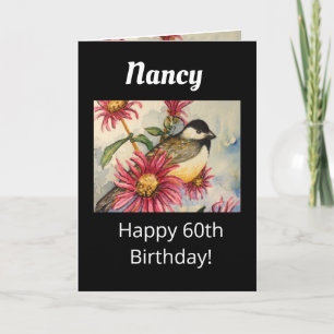 60th Birthday Sweet Chickadee Flower Waterverf Kaart