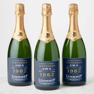 60th Birthday Voeg naam 1962  Blue Gold toe Sparkling Wijnetiket
