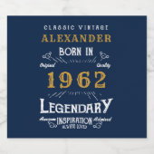 60th Birthday Voeg naam 1962  Blue Gold toe Sparkling Wijnetiket (Enkel label)