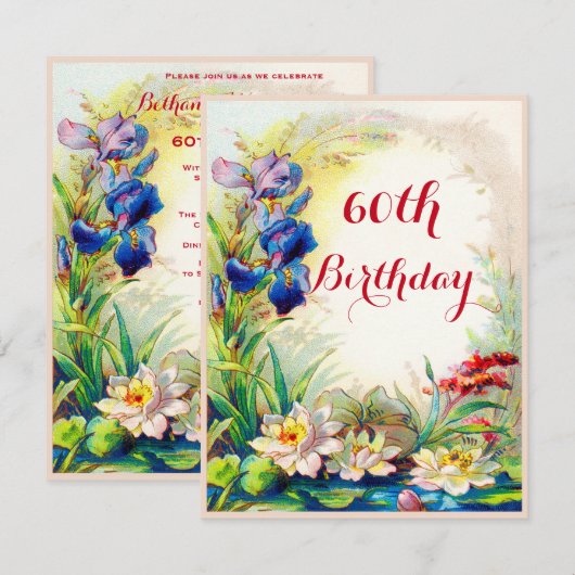 60th Birthday  Waterlilies en Iris Flowers Kaart (Voorkant / Achterkant)