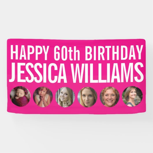 60th Birthday white roze zes fotocirkels Spandoek (Horizontaal)