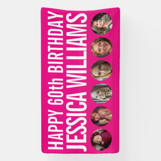 60th Birthday white roze zes fotocirkels Spandoek (Verticaal)