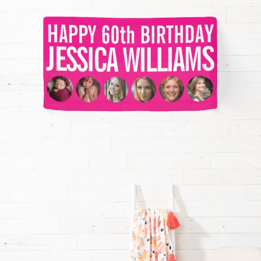 60th Birthday white roze zes fotocirkels Spandoek (Insitu)