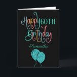 60th Happy Birthday Stylish Text Name Multicolor Kaart<br><div class="desc">Een gelukkige 60ste in moderne en kleurrijke stijl! Happy Birthday wordt geplaatst in een artsy tekst in schaduwen van blauwgroen, roze, blauw, koraal en oranje, op een klassieke zwarte achtergrond. De leeftijd en de naam van uw ontvanger zijn in een coördinerend lettertype. U kunt de groet binnen in uw eigen...</div>