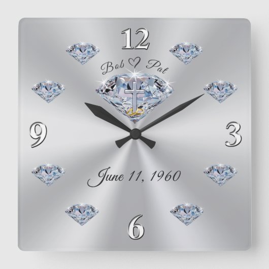 60th Jubileum Wall Clock voor Bob en Pat Vierkante Klok (Voorkant)