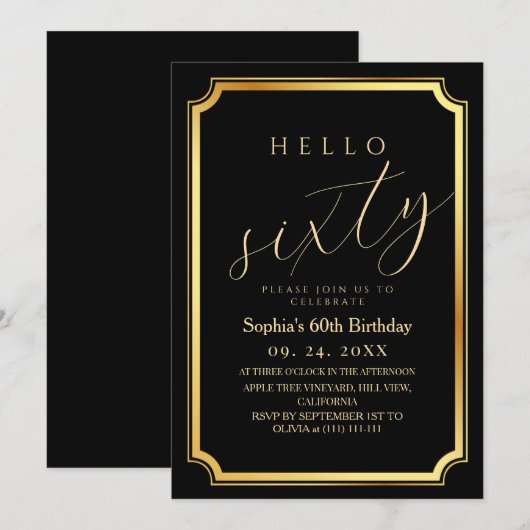 60th Modern & Minimal Black Birthday Party Kaart (Voorkant / Achterkant)